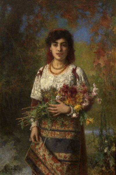 A Young Woman with Flowers by Alexei Harlamov